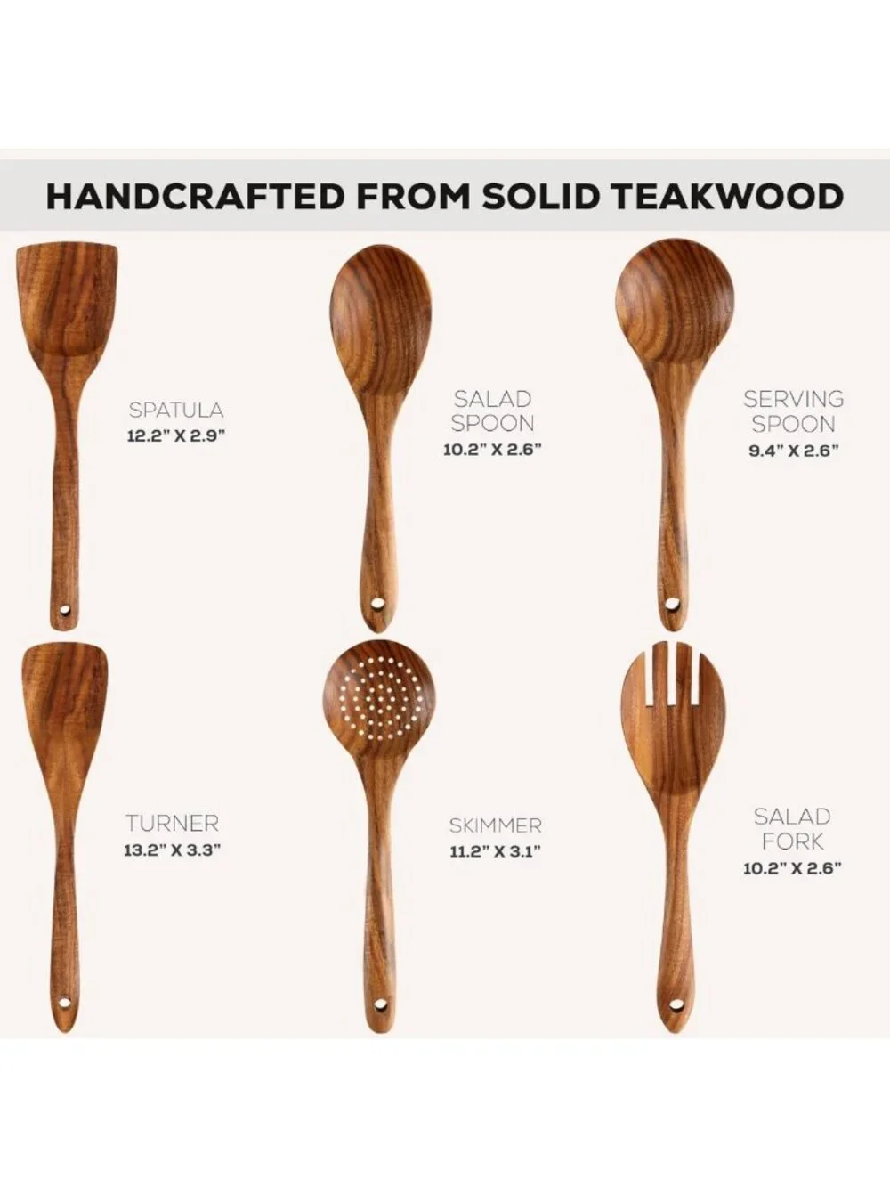 Natural Teak Wooden Cooking Utensil Set - 6 Durable Spoons, Easy to Clean